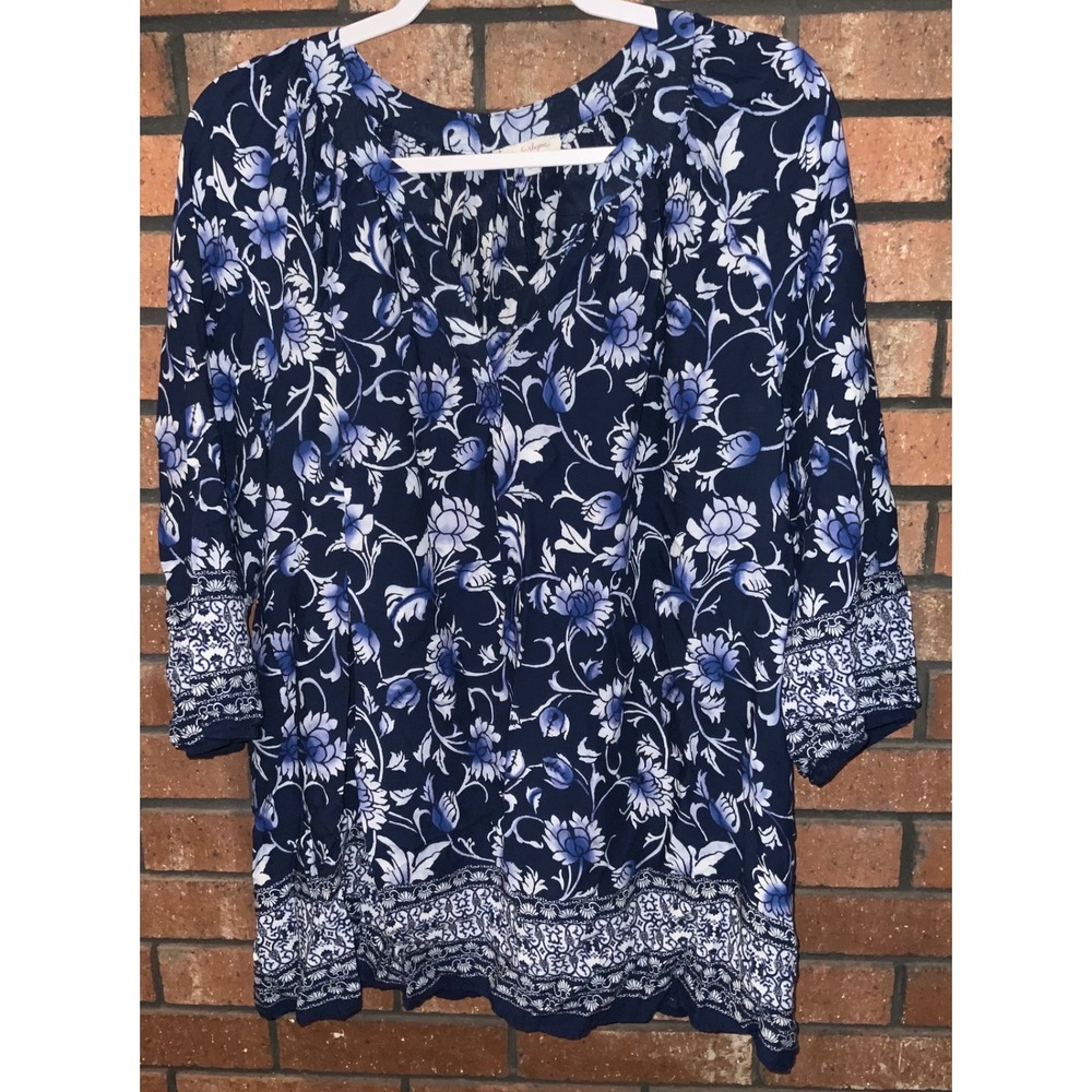 Rose & Rhyme Blue White Floral V-Neck 3/4 Sleeve Border Print Blouse Top 3X